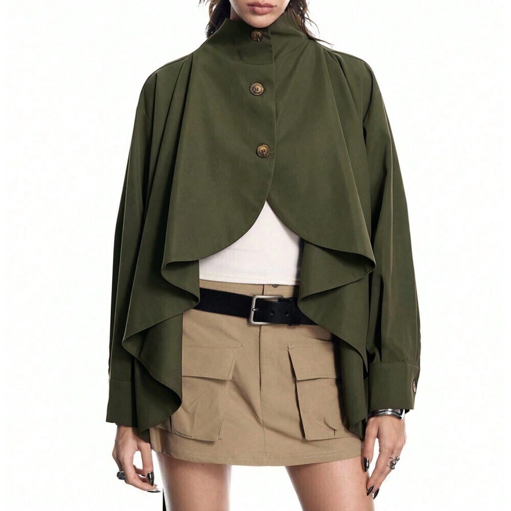 Olive Green Draped Waterfall Cape-Effect Collar Oversized Trench Jacket - Picture 5 of 8